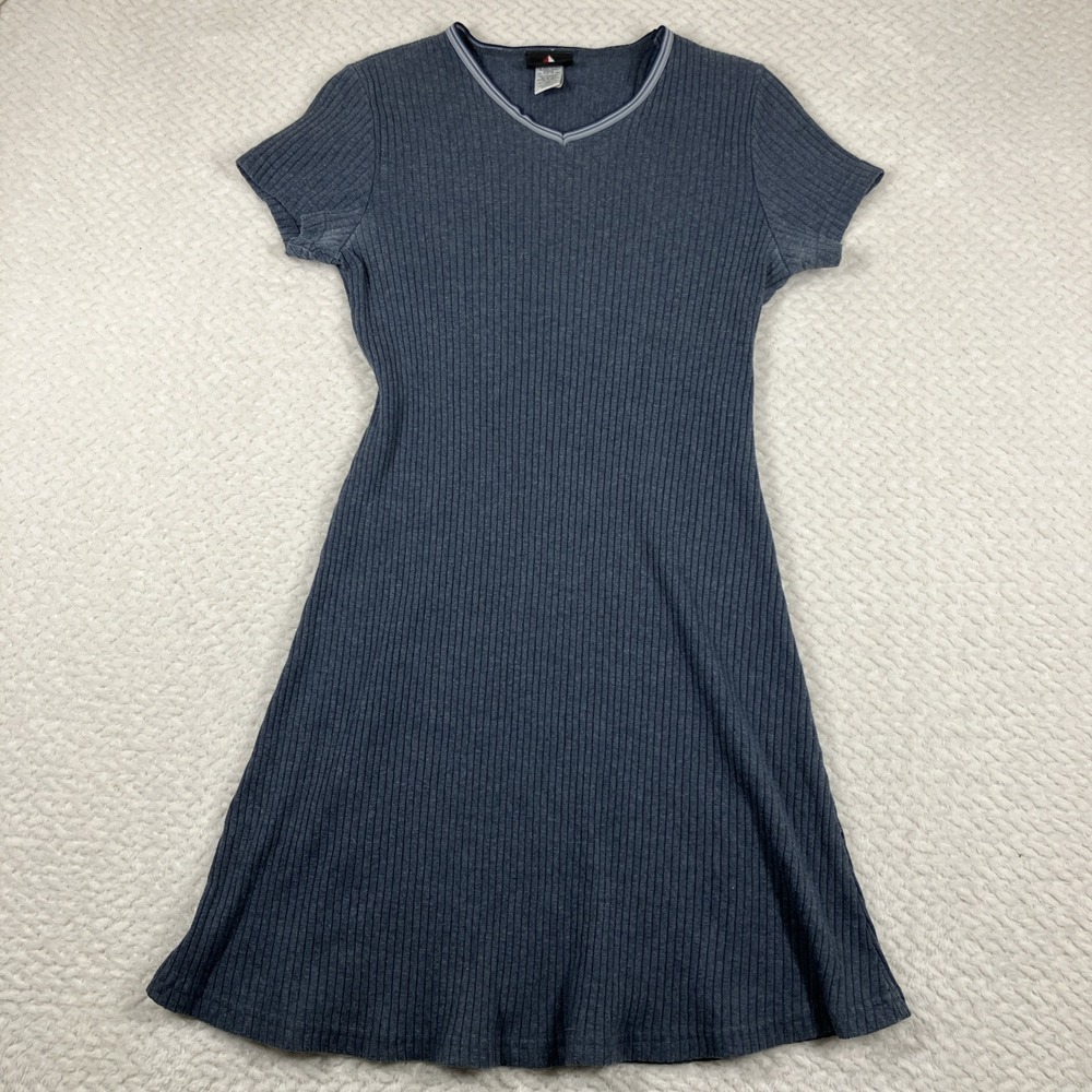 Vtg Y2K No Boundaries Rib Striped Shirt Dress Womens Medium Blue 90s A Line